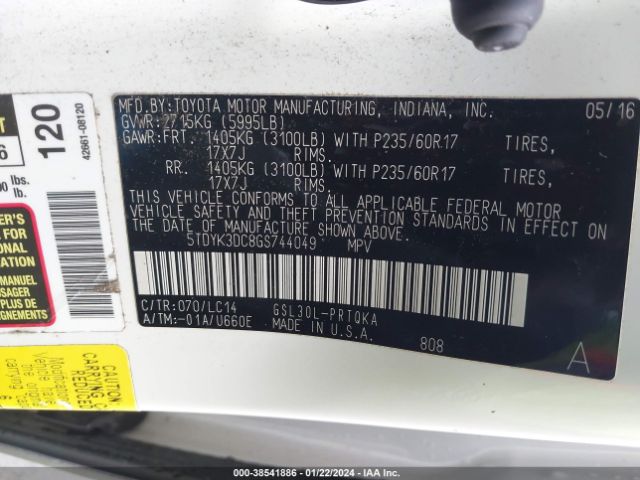 Photo 8 VIN: 5TDYK3DC8GS744049 - TOYOTA SIENNA 