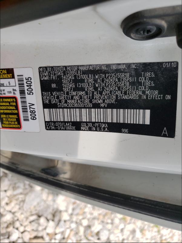 Photo 9 VIN: 5TDYK3DC9BS001599 - TOYOTA SIENNA XLE 