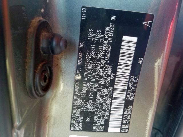 Photo 9 VIN: 5TDYK3DC9BS101038 - TOYOTA SIENNA XLE 