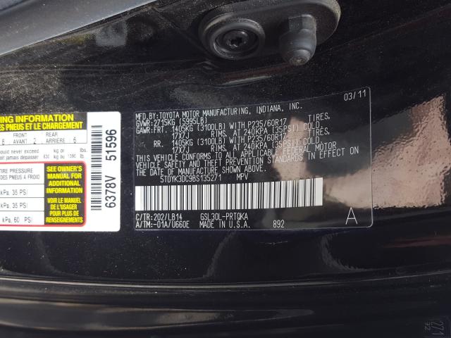 Photo 9 VIN: 5TDYK3DC9BS135271 - TOYOTA SIENNA XLE 