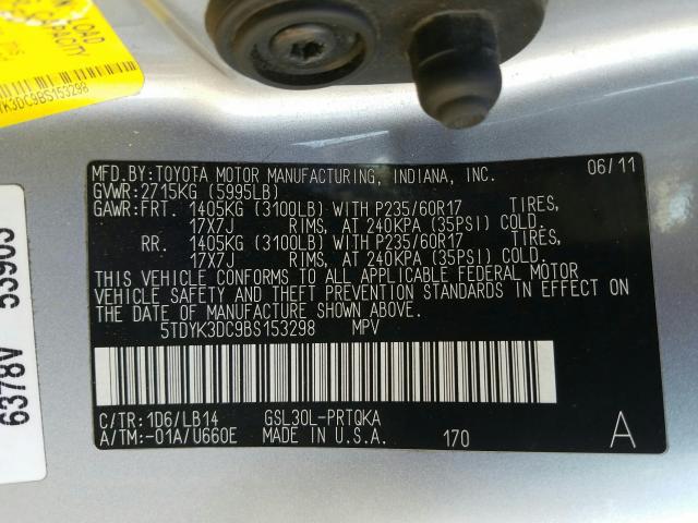 Photo 9 VIN: 5TDYK3DC9BS153298 - TOYOTA SIENNA XLE 