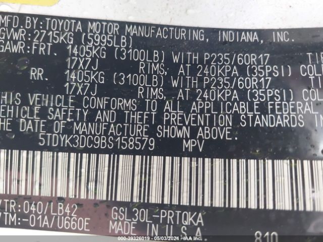 Photo 8 VIN: 5TDYK3DC9BS158579 - TOYOTA SIENNA 