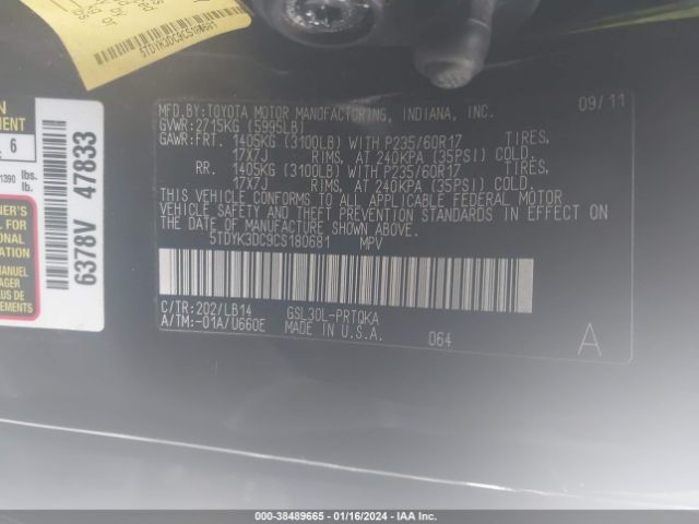 Photo 8 VIN: 5TDYK3DC9CS180681 - TOYOTA SIENNA 