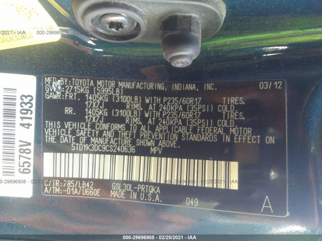 Photo 8 VIN: 5TDYK3DC9CS240636 - TOYOTA SIENNA 