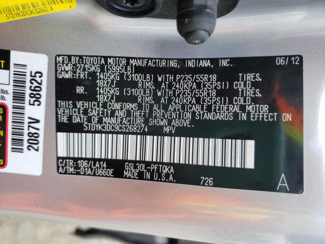 Photo 9 VIN: 5TDYK3DC9CS268274 - TOYOTA SIENNA XLE 