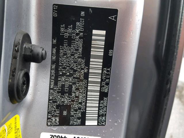 Photo 9 VIN: 5TDYK3DC9CS273250 - TOYOTA SIENNA XLE 