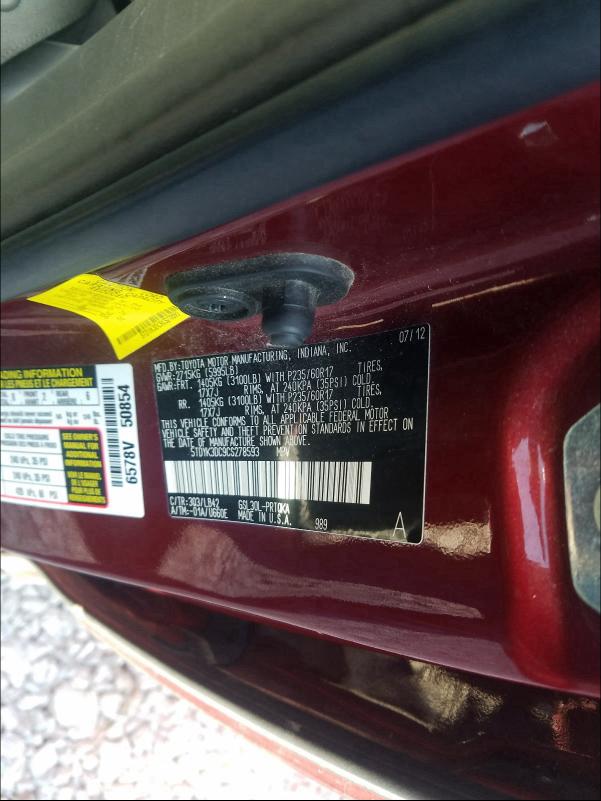 Photo 9 VIN: 5TDYK3DC9CS278593 - TOYOTA SIENNA XLE 