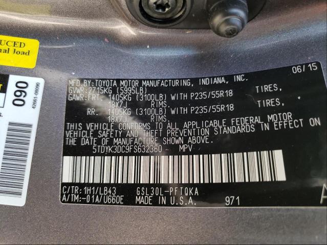 Photo 9 VIN: 5TDYK3DC9FS632360 - TOYOTA SIENNA XLE 