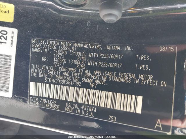 Photo 8 VIN: 5TDYK3DC9FS647392 - TOYOTA SIENNA 