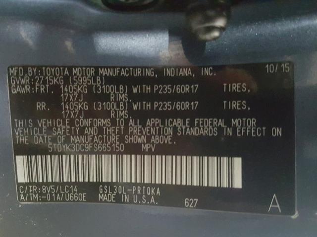 Photo 9 VIN: 5TDYK3DC9FS665150 - TOYOTA SIENNA XLE 