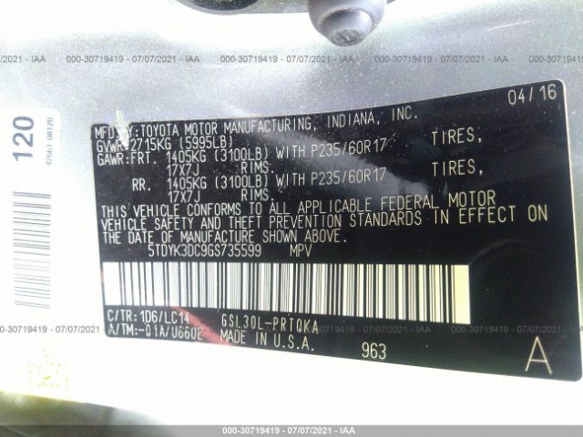 Photo 8 VIN: 5TDYK3DC9GS735599 - TOYOTA SIENNA 