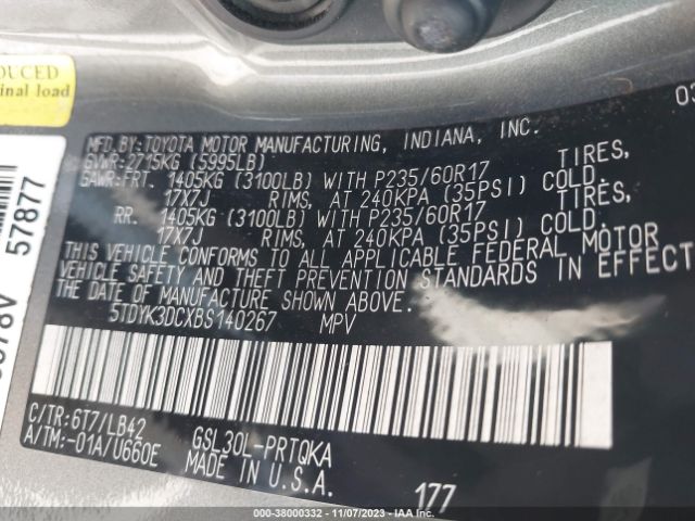 Photo 8 VIN: 5TDYK3DCXBS140267 - TOYOTA SIENNA 