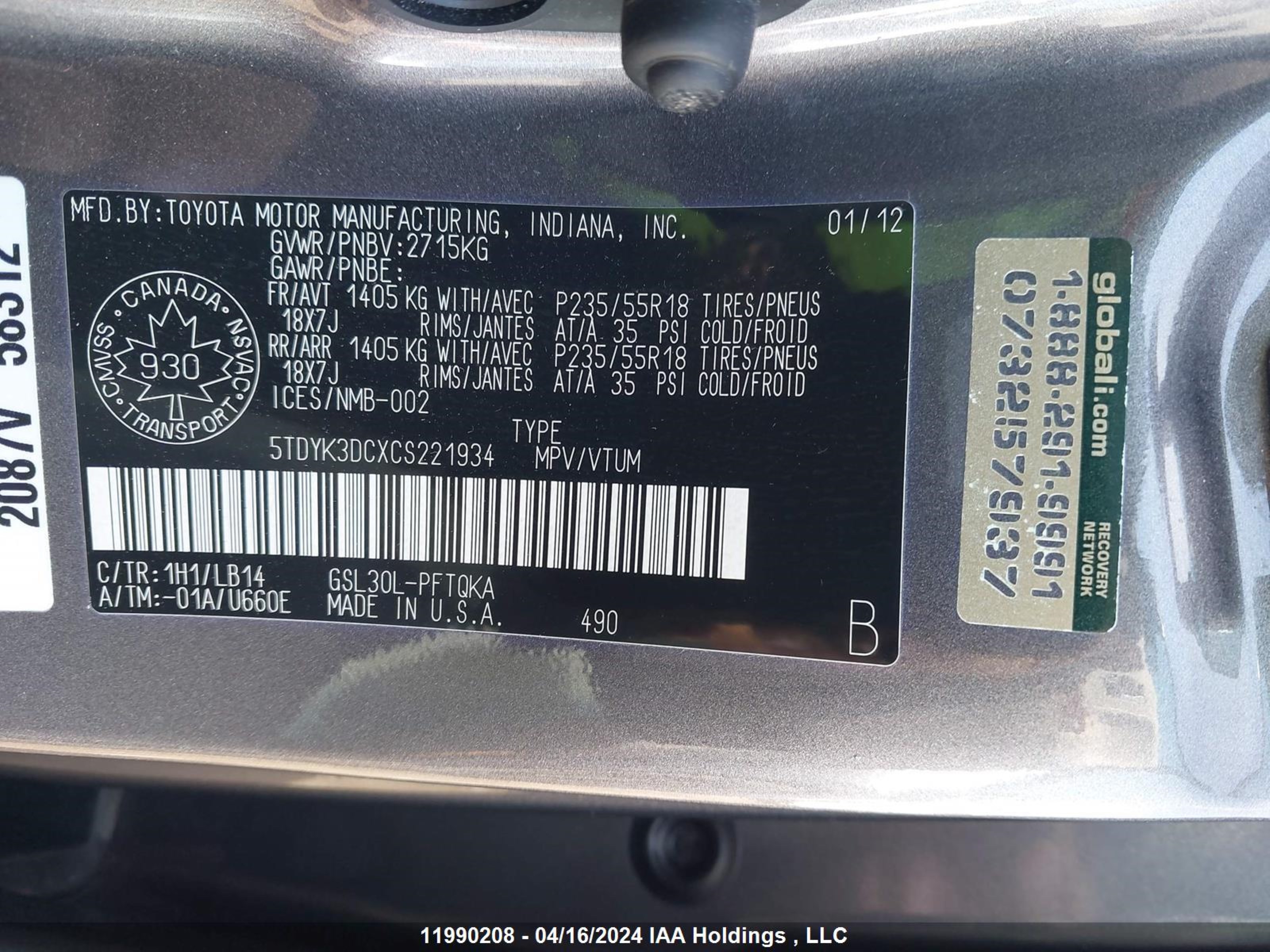 Photo 8 VIN: 5TDYK3DCXCS221934 - TOYOTA SIENNA 