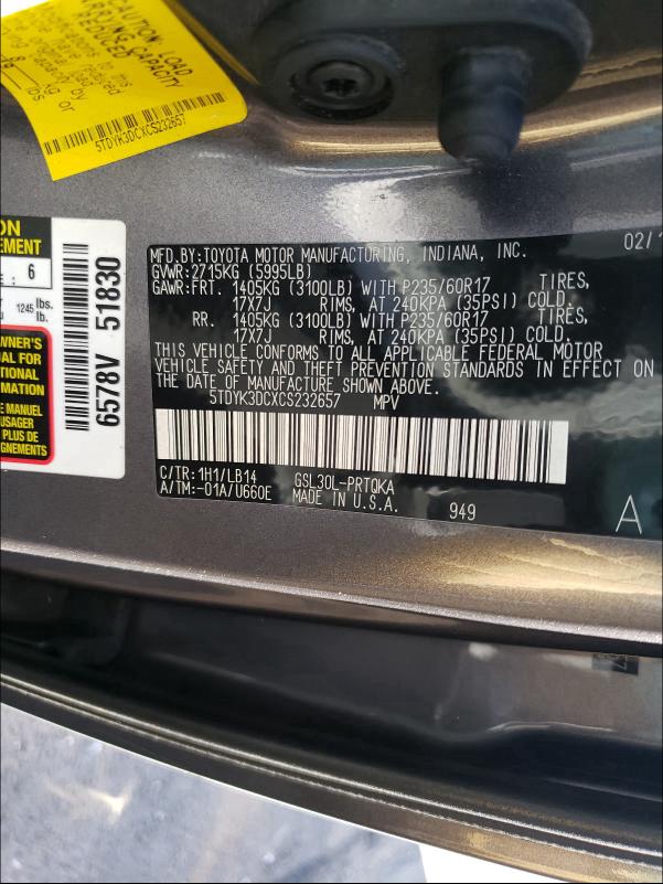 Photo 9 VIN: 5TDYK3DCXCS232657 - TOYOTA SIENNA XLE 