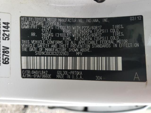 Photo 12 VIN: 5TDYK3DCXCS232903 - TOYOTA SIENNA XLE 