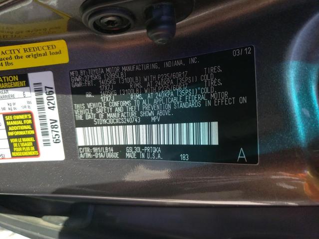 Photo 9 VIN: 5TDYK3DCXCS240743 - TOYOTA SIENNA XLE 