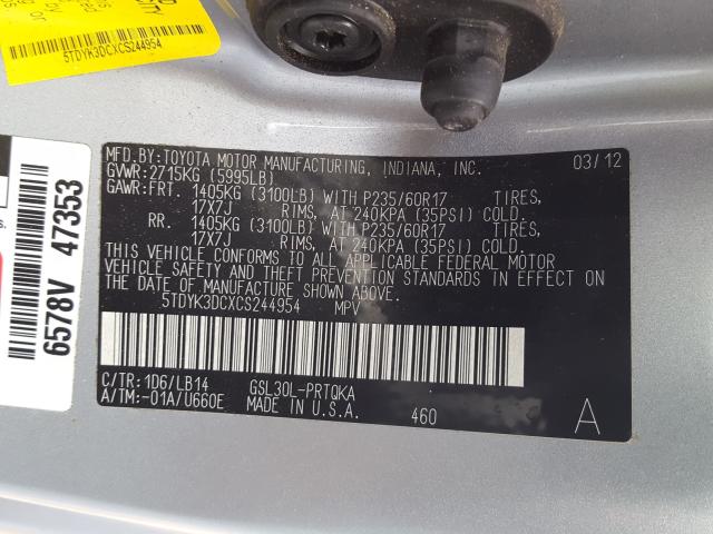 Photo 9 VIN: 5TDYK3DCXCS244954 - TOYOTA SIENNA XLE 