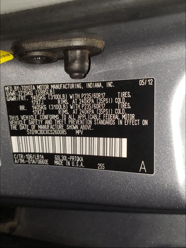 Photo 9 VIN: 5TDYK3DCXCS260085 - TOYOTA SIENNA XLE 