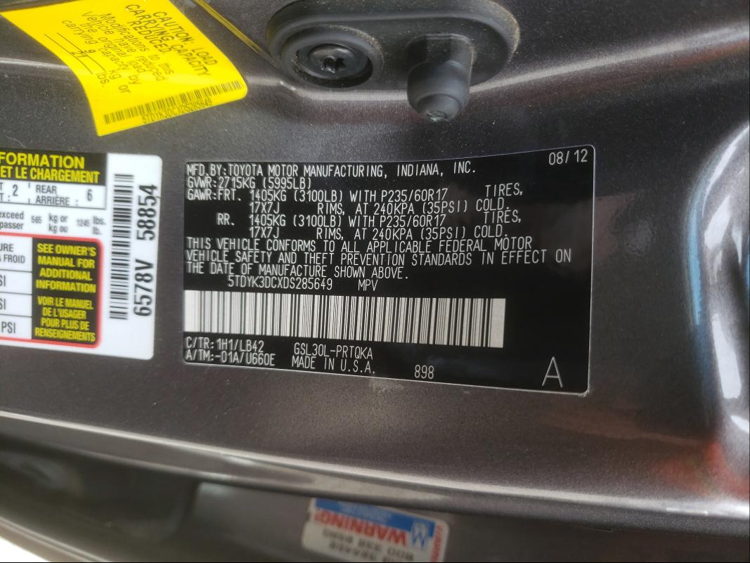 Photo 9 VIN: 5TDYK3DCXDS285649 - TOYOTA SIENNA XLE 