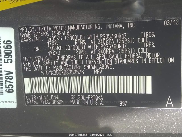 Photo 8 VIN: 5TDYK3DCXDS353576 - TOYOTA SIENNA 