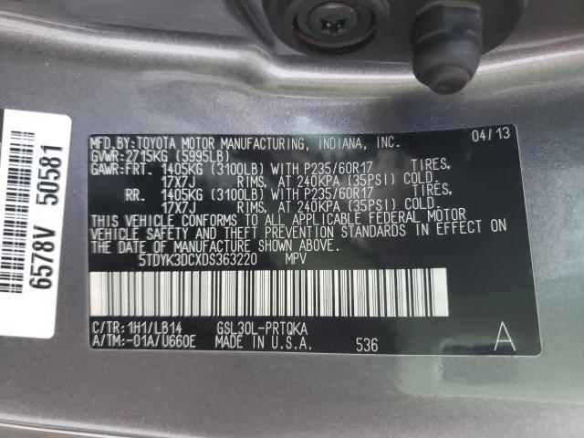 Photo 9 VIN: 5TDYK3DCXDS363220 - TOYOTA SIENNA XLE 