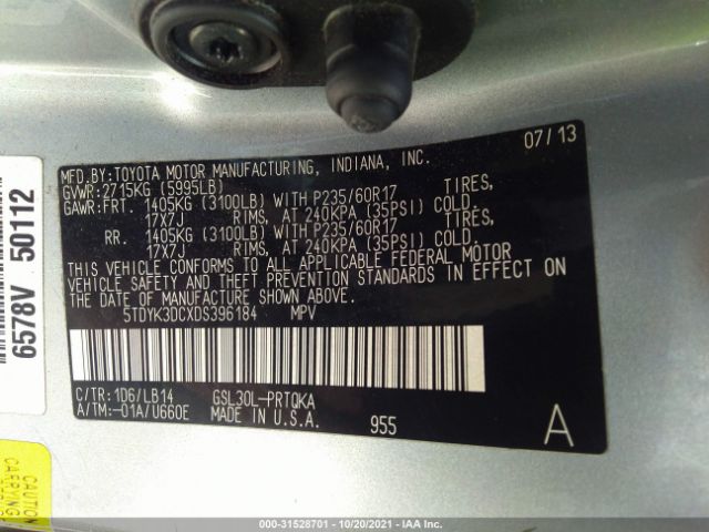 Photo 8 VIN: 5TDYK3DCXDS396184 - TOYOTA SIENNA 