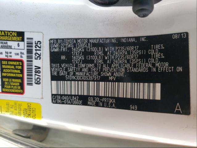 Photo 9 VIN: 5TDYK3DCXDS397917 - TOYOTA SIENNA XLE 