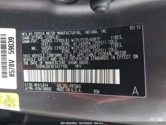 Photo 8 VIN: 5TDYK3DCXES421196 - TOYOTA SIENNA 