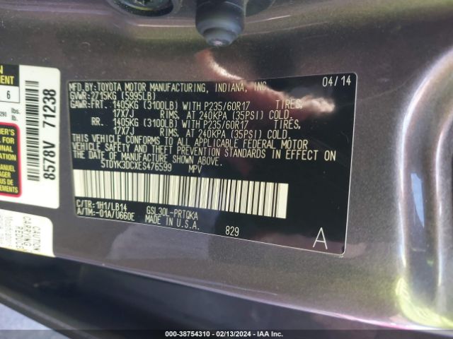 Photo 8 VIN: 5TDYK3DCXES476599 - TOYOTA SIENNA 