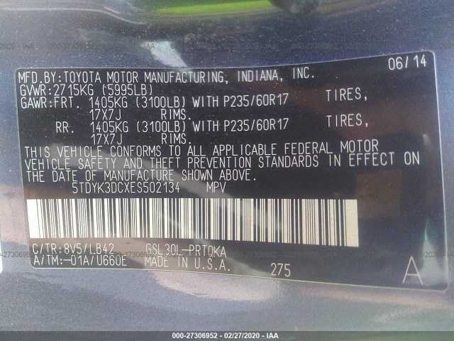 Photo 8 VIN: 5TDYK3DCXES502134 - TOYOTA SIENNA 