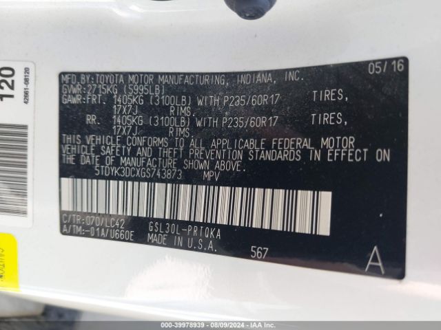 Photo 8 VIN: 5TDYK3DCXGS743873 - TOYOTA SIENNA 