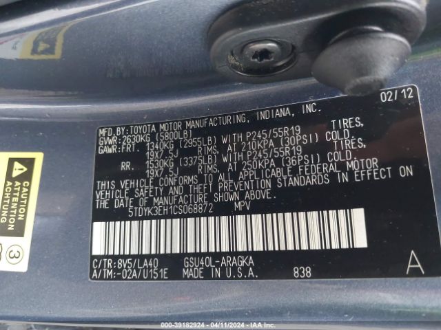 Photo 8 VIN: 5TDYK3EH1CS068872 - TOYOTA HIGHLANDER 