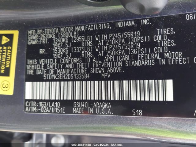 Photo 8 VIN: 5TDYK3EH2DS133584 - TOYOTA HIGHLANDER 