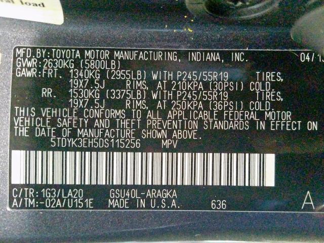 Photo 9 VIN: 5TDYK3EH5DS115256 - TOYOTA HIGHLANDER 