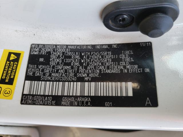 Photo 9 VIN: 5TDYK3EH7CS059240 - TOYOTA HIGHLANDER 