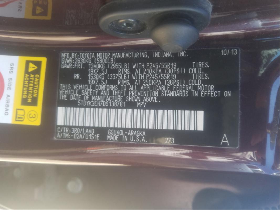 Photo 9 VIN: 5TDYK3EH7DS138781 - TOYOTA HIGHLANDER 