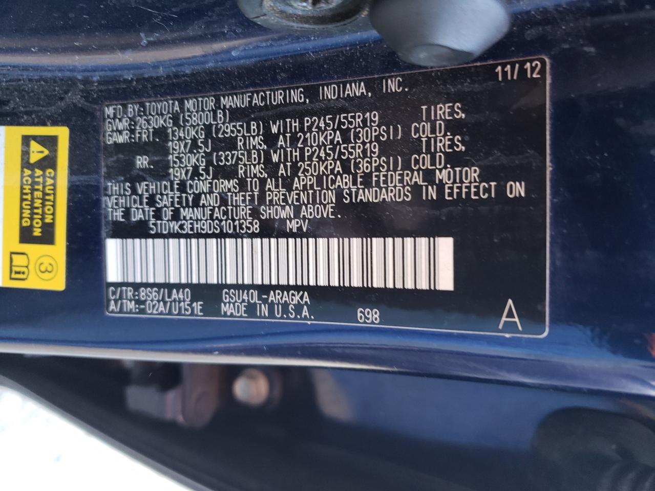 Photo 12 VIN: 5TDYK3EH9DS101358 - TOYOTA HIGHLANDER 