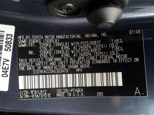 Photo 9 VIN: 5TDYK4CC0AS303479 - TOYOTA SIENNA XLE 