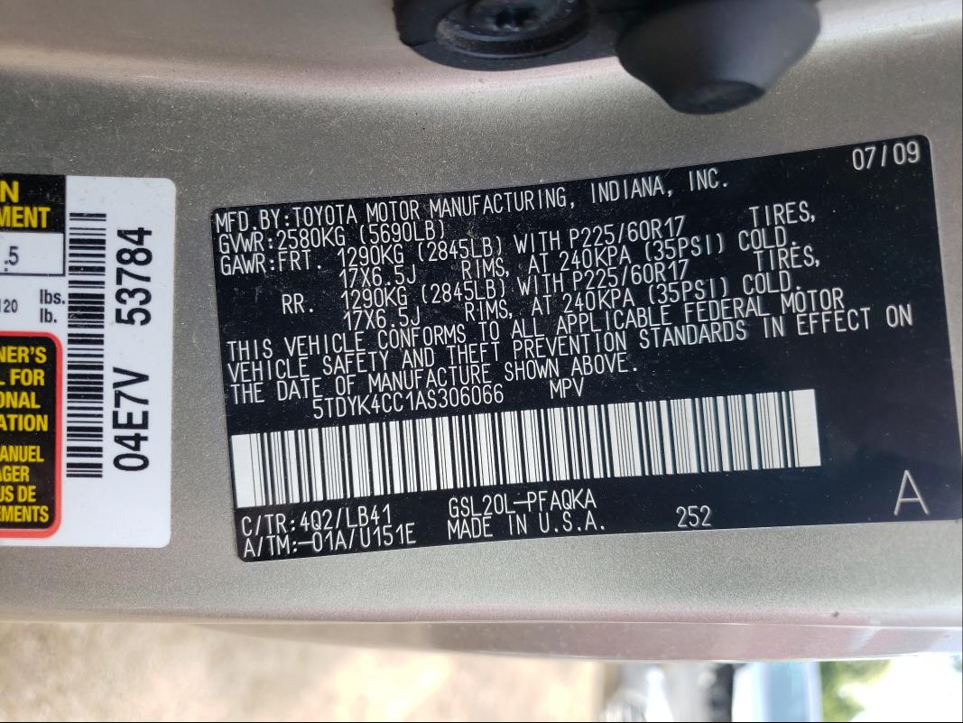 Photo 9 VIN: 5TDYK4CC1AS306066 - TOYOTA SIENNA XLE 