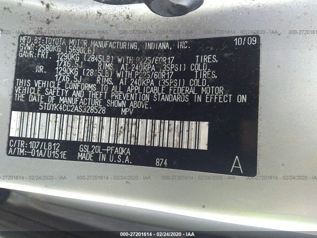 Photo 8 VIN: 5TDYK4CC2AS328528 - TOYOTA SIENNA 