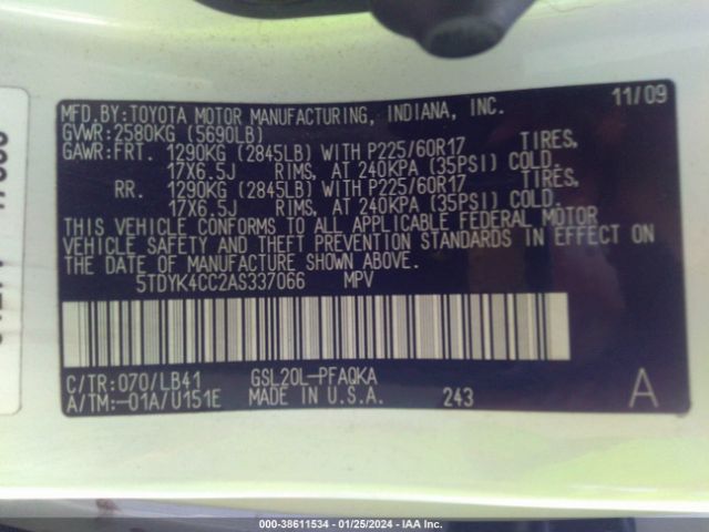 Photo 8 VIN: 5TDYK4CC2AS337066 - TOYOTA SIENNA 