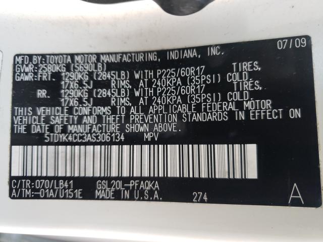 Photo 9 VIN: 5TDYK4CC3AS306134 - TOYOTA SIENNA XLE 