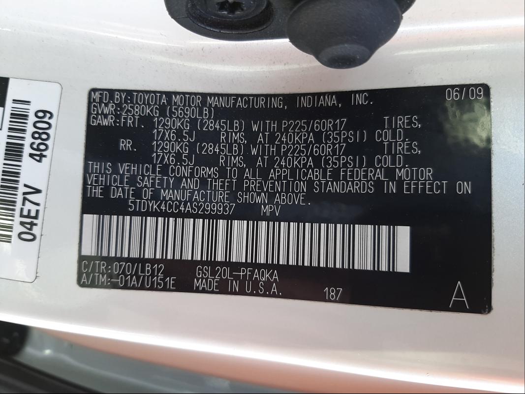 Photo 9 VIN: 5TDYK4CC4AS299937 - TOYOTA SIENNA XLE 