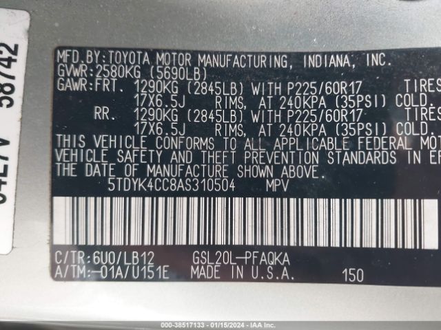 Photo 8 VIN: 5TDYK4CC8AS310504 - TOYOTA SIENNA 