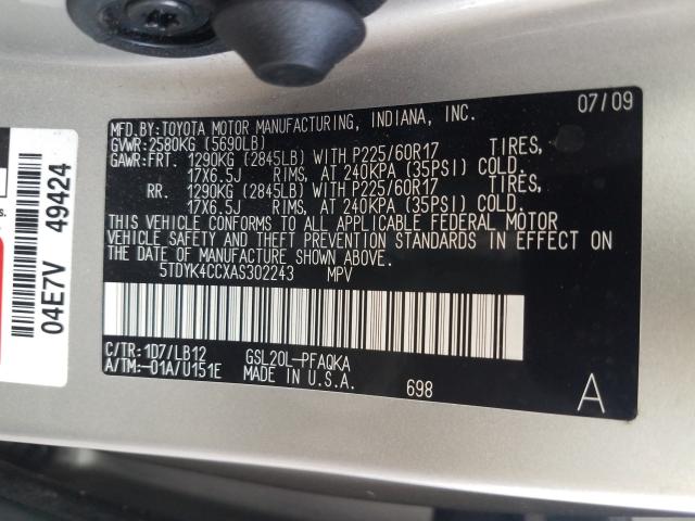 Photo 9 VIN: 5TDYK4CCXAS302243 - TOYOTA SIENNA XLE 