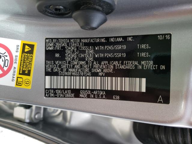 Photo 9 VIN: 5TDYKRFH6GS181546 - TOYOTA HIGHLANDER 