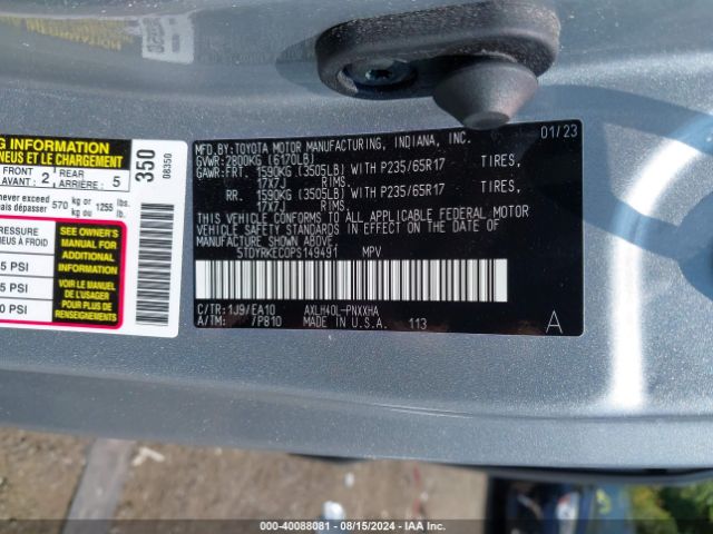 Photo 8 VIN: 5TDYRKEC0PS149491 - TOYOTA SIENNA 