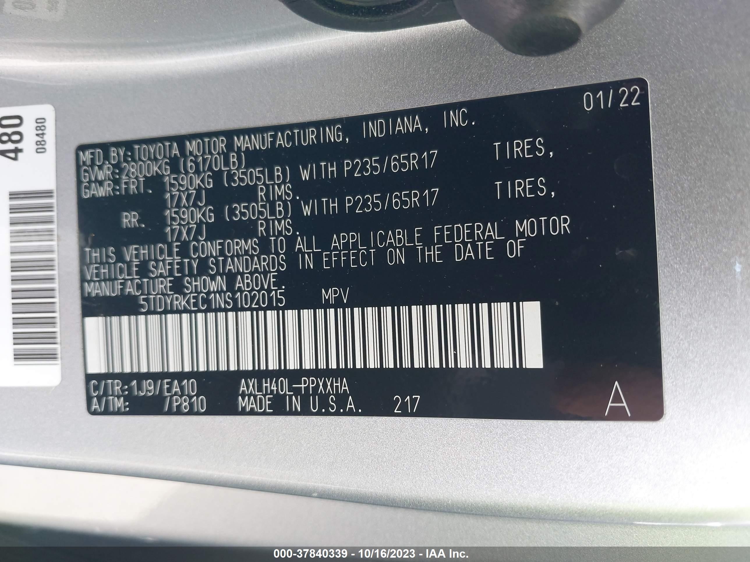 Photo 8 VIN: 5TDYRKEC1NS102015 - TOYOTA SIENNA 