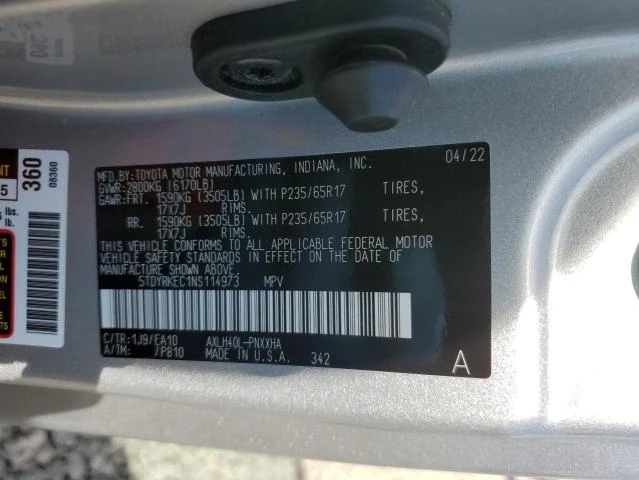 Photo 12 VIN: 5TDYRKEC1NS114973 - TOYOTA SIENNA XLE 