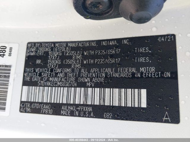 Photo 8 VIN: 5TDYRKEC2MS036704 - TOYOTA SIENNA 